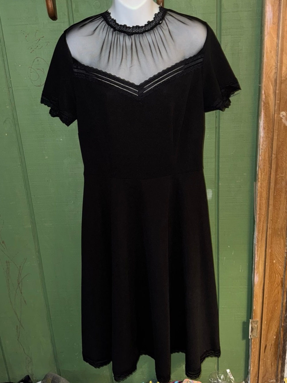 SHEIN Black Midi Dress with Sheer Yoke and Lace Trim